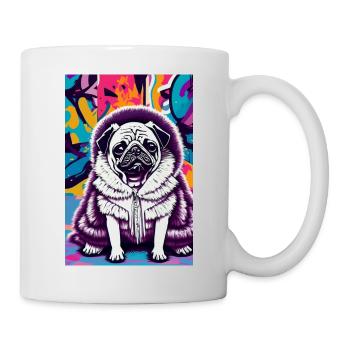 Mops im Pelzmantel vor Graffiti-Wall | Pop-Art - Tasse - Weiß - Rechts
