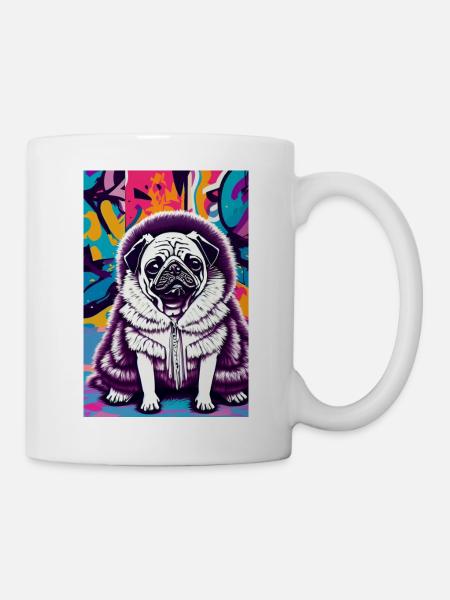 Mops im Pelzmantel vor Graffiti-Wall | Pop-Art - Tasse - Weiß