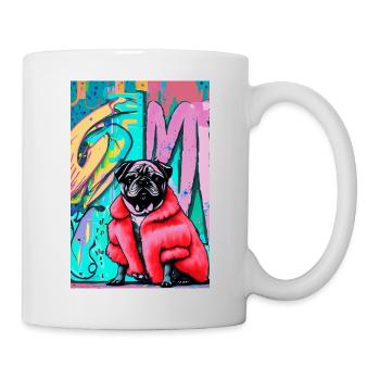 Pop-Art | Süßer Mops im roten Pelzmantel - Tasse - Weiß - Rechts