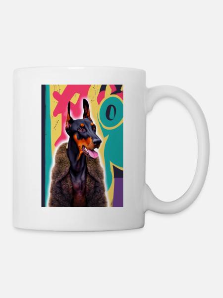 Bosshafter Dobermann im Pelzmantel vor Graffiti - Tasse - Weiß