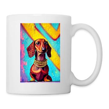 Modernes Pop-Art Print | Dackel mit Graffiti Bunt - Tasse - Weiß - Rechts