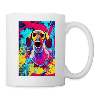 Modernes Pop-Art Print | Dackel mit Graffiti Bunt - Tasse - Weiß - Rechts