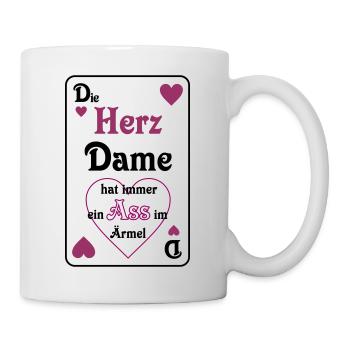Skat Herz Dame Ass im Ärmel Schrift Mau-Mau - Tasse - Weiß - Rechts