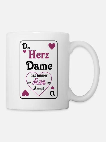Skat Herz Dame Ass im Ärmel Schrift Mau-Mau - Tasse - Weiß