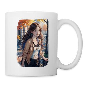 Junge Frau beim Herbst-Spaziergang - Tasse - Weiß - Rechts