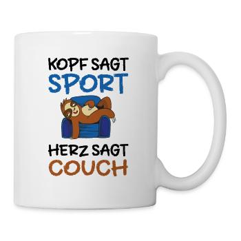 Kopf sagt Sport, Herz sagt Couch - Tasse - Weiß - Rechts