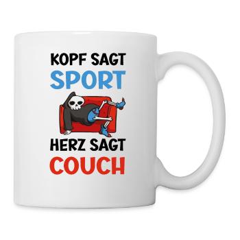 Kopf sagt Sport, Herz sagt Couch - Tasse - Weiß - Rechts