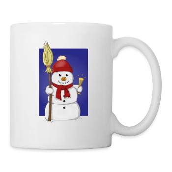 Bonhomme de neige joyeux avec chapeau rouge, écharpe et balai - Mug blanc - blanc - Droite