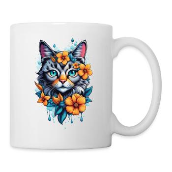 Katze und Blume Aquarell - Tasse - Weiß - Rechts