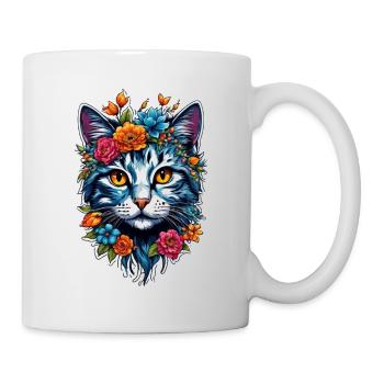 Katze und Blume Aquarell - Tasse - Weiß - Rechts