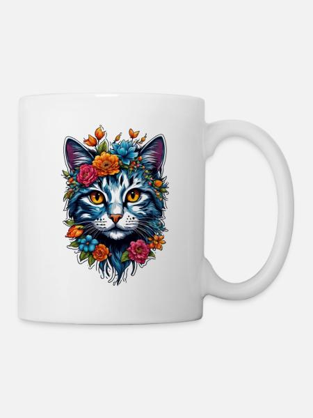 Katze und Blume Aquarell - Tasse - Weiß