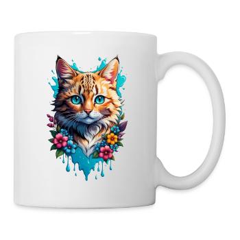 Katze und Blume Aquarell - Tasse - Weiß - Rechts