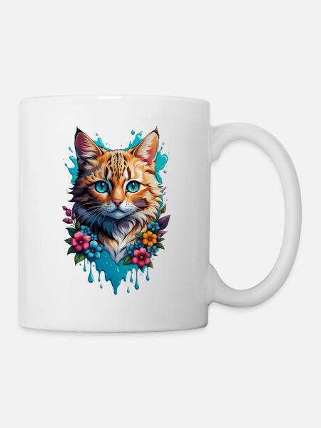 Katze und Blume Aquarell - Tasse - Weiß