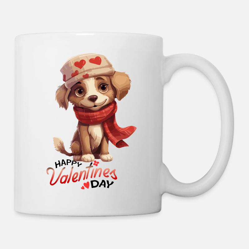 Chien mignon avec chapeau de coeurs et salutation de la Saint-Valentin - Mug blanc - blanc
