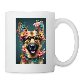 German shepherd with glasses and flowers - Mug - white - Right