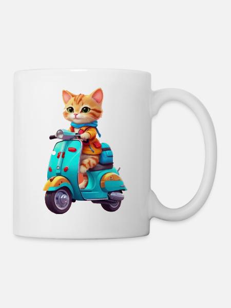 Katze fährt Roller - Tasse - Weiß