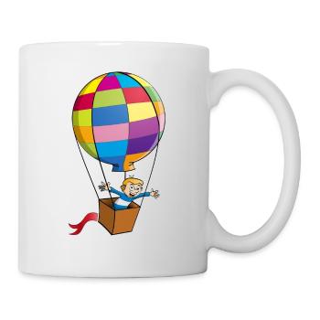 Cheerful boy in a colorful hot air balloon. - Mug - white - Right