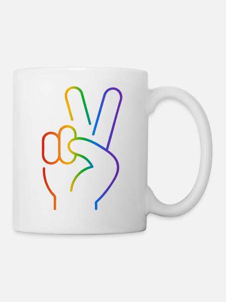 Peace-Zeichen 2 Finger Regenbogen - Tasse - Weiß