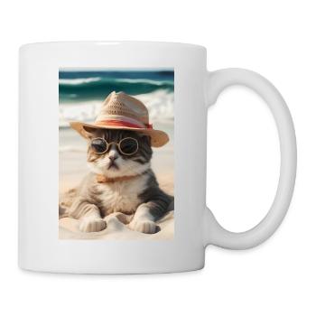 Coole Katze am Strand mit Sonnenbrille und Hut - Tasse - Weiß - Rechts