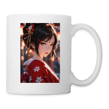 Elegant anime geisha in red kimono floral pattern - Mug - white - Right