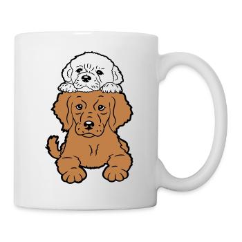 2 Puppies Dogs Lying On Top Two Friends Duo - Mug - white - Right