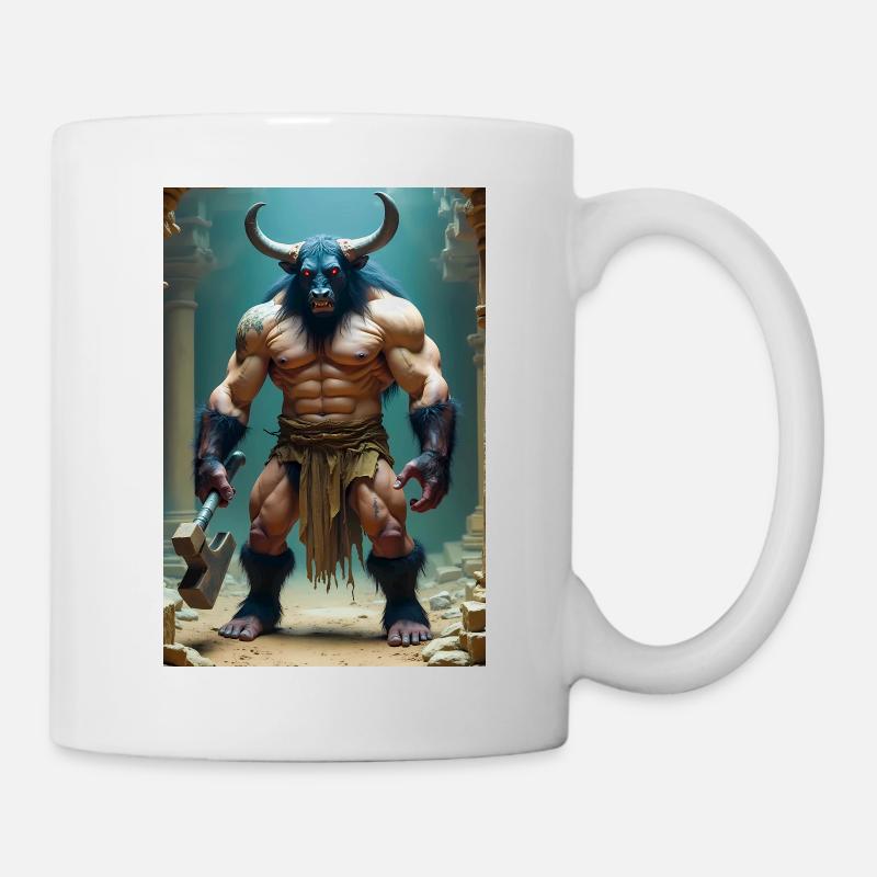 Minotaur, massive bull-headed warrior gripping axe - Mug - white