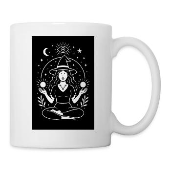 Hexe in der Meditation – Magie und Energie, schwarzer Hintergrund - Tasse - Weiß - Rechts