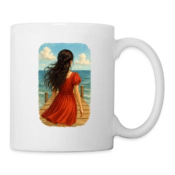 Schwarzhaariges Mädchen am Meer - Tasse - Weiß - Rechts