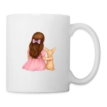 Kleines brünettes Mädchen mit Chihuah - Tasse - Weiß - Rechts