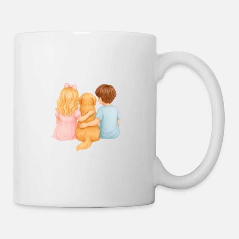 Zwei Kinder mit Golden Retriever –Junge Mädchen - Tasse - Weiß