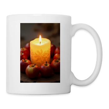 Burning candle with apples on rustic wood - Mug - white - Right