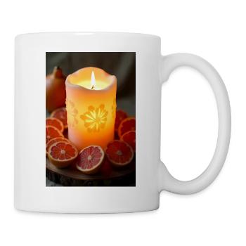 Brennende Kerze mit Blutorange auf rustikalem Holz - Tasse - Weiß - Rechts