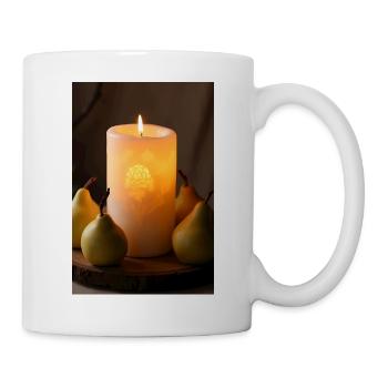 Brennende Kerze mit Birnen auf rustikalem Holz - Tasse - Weiß - Rechts