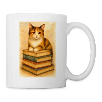 Katze und Bücher - Tasse - Weiß - Rechts