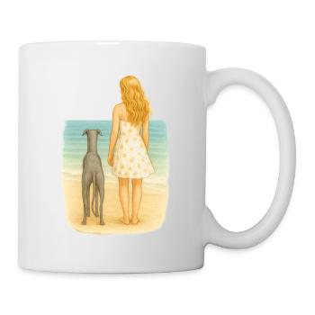 Love my Life – Frau mit Windhund am Strand - Tasse - Weiß - Rechts