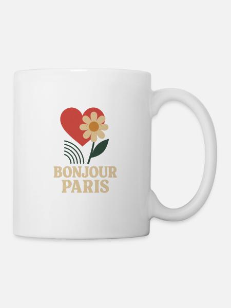 Bonjour Paris – Retro Herz & Blume Design - Tasse - Weiß