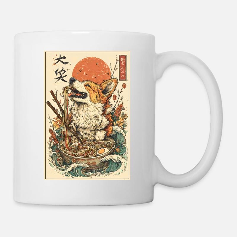 Corgi Japonais mangeant des Ramen - Style Ukiyo-e - Mug blanc - blanc