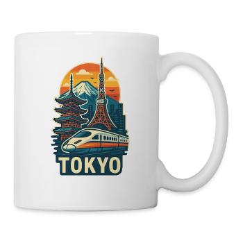 Die Skyline von Tokio mit dem Mount Fuji und dem Hochgeschwindigkeitszug - Tasse - Weiß - Rechts