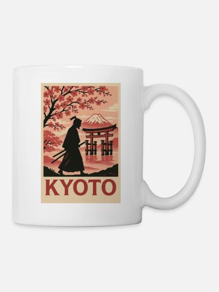Kyoto Samurai and Cherry Blossoms Silhouette - Mug - white
