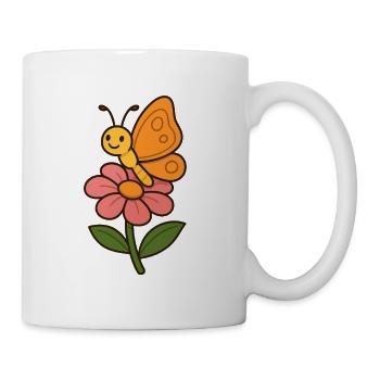 Fröhlicher Schmetterling auf Blumenmotiv - Tasse - Weiß - Rechts