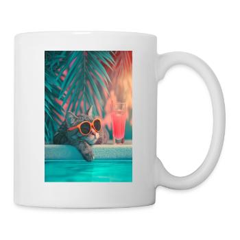 Coole Katze am Pool - Tasse - Weiß - Rechts
