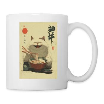 Glückliche weiße Katze schlürft Ramen - Tasse - Weiß - Rechts