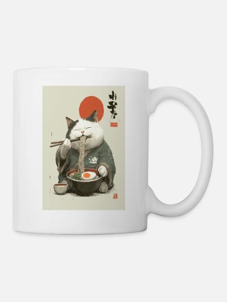 Chat samouraï sirotant des ramen - Mug blanc - blanc