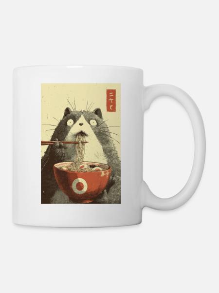 Chat choqué mangeant des ramen - Mug blanc - blanc
