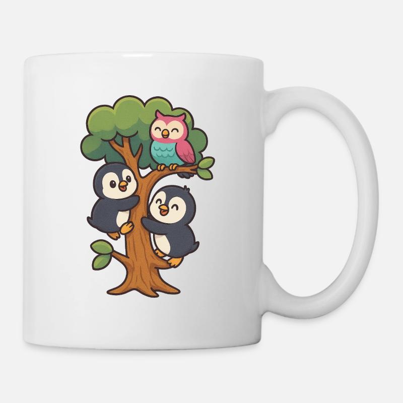 Pinguinbabys klettern auf einen Baum, Eule macht mit - Tasse - Weiß