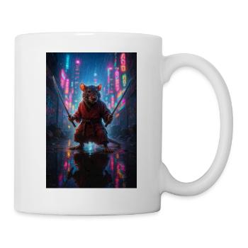 Rat Ninja with Katanas in a Neon Cityscape - Mug - white - Right