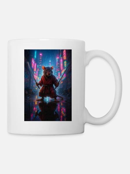 Ratten-Ninja mit Katanas in einer Neon-Stadtlandschaft - Tasse - Weiß