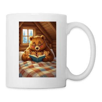 Bear reading with little bears indoors - Mug - white - Right