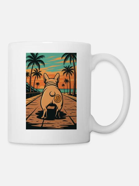 Dog with Bitcoin tattoo before sunset - Mug - white