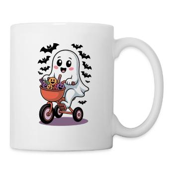 Ghost riding a bike with Halloween pumpkins - Mug - white - Right